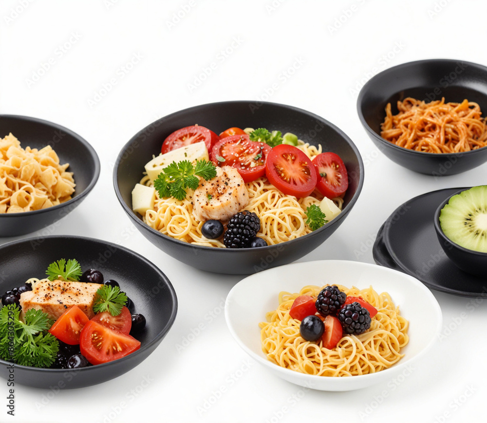 Delicious food in black dishes, isolated on white background Delicious food in black dishes, isolated on white background