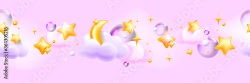 3D star sky seamless border, magic clouds, moon, night objects, cute dream kids vector pink frame. Cartoon kawaii cosmic children panoramic poster, sweet dream wallpaper. Baby 3D star background