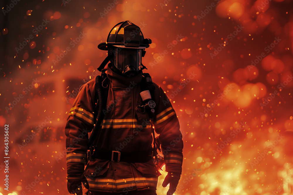 Firefighter amidst blaze and sparks Firefighter amidst blaze and sparks