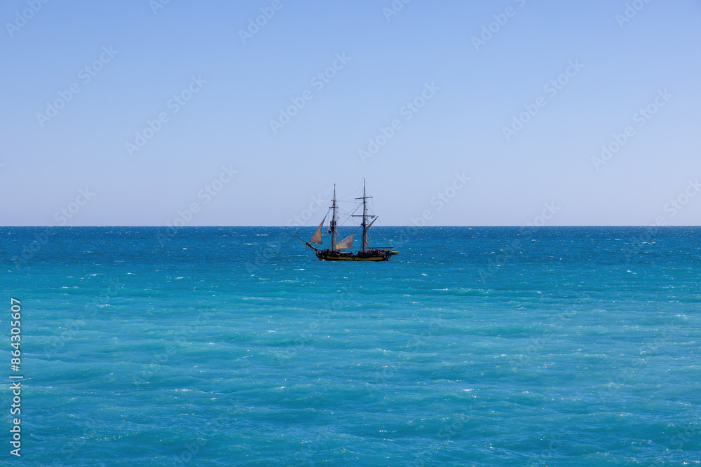 Nice on the Cote d'azur overlooking the sea with a replica of a pirate ship Nice on the Cote d'azur overlooking the sea with a replica of a pirate ship