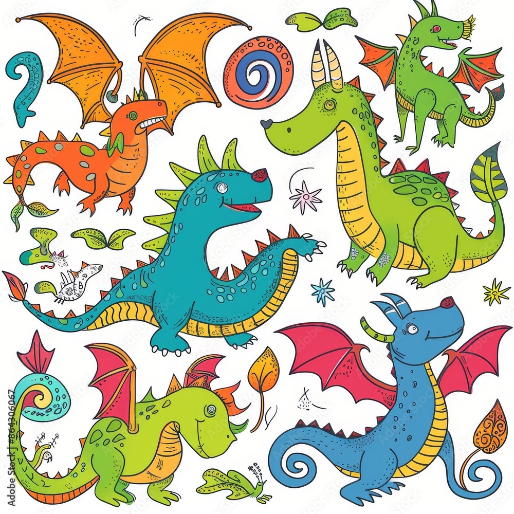 Fototapeta premium Funny dragons doodle set, cartoon dino, graphic dinosaurs isolated, monster animals