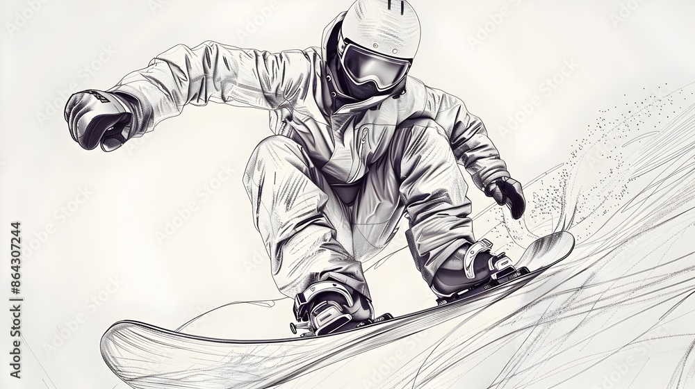 3D Render of Minimalist Line Drawing Snowboarder Doing Grab Trick 3D Render of Minimalist Line Drawing Snowboarder Doing Grab Trick