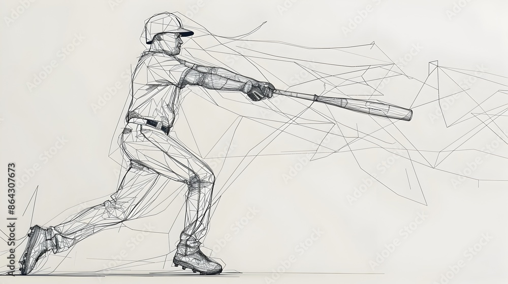 Continuous Line Drawing of Baseball Player Hitting Home Run in Minimalist Art Style Continuous Line Drawing of Baseball Player Hitting Home Run in Minimalist Art Style