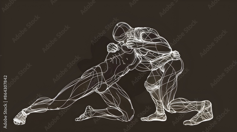 Continuous Line Drawn Wrestlers Grappling in Minimalist 3D Render Continuous Line Drawn Wrestlers Grappling in Minimalist 3D Render