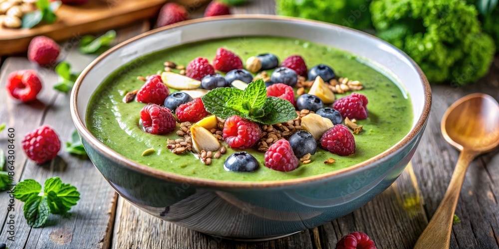 Green smoothie bowl with fresh berries and seeds. Green smoothie bowl with fresh berries and seeds.