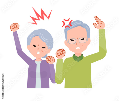 老人シニア夫婦男女。怒り,クレーム,攻撃,