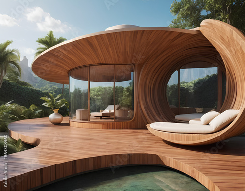 Futuristic villa made of wood with architectural curves 