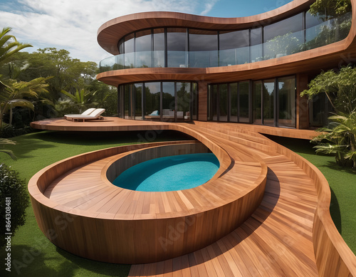 Futuristic villa made of wood with architectural curves 