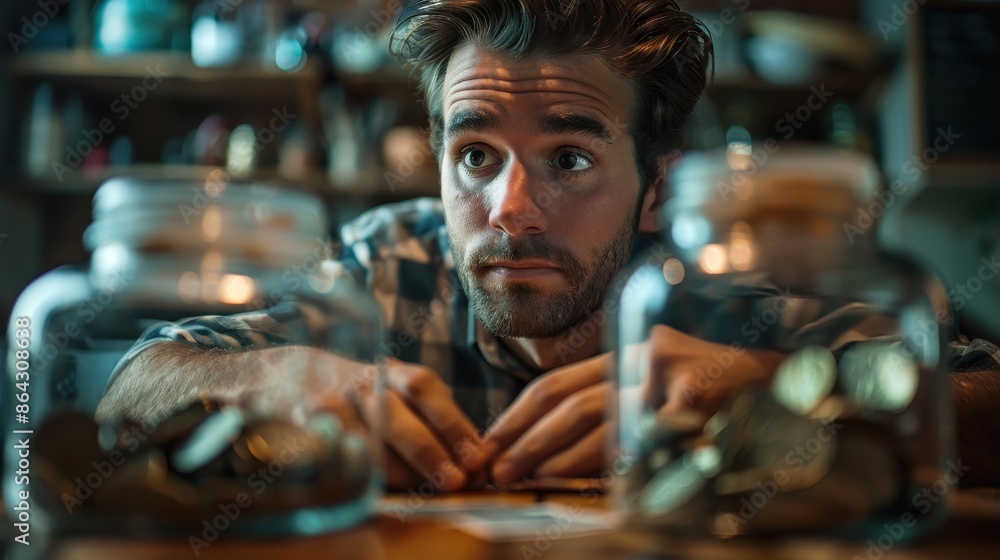 Man Looking at Coins in Glass Jars Man Looking at Coins in Glass Jars