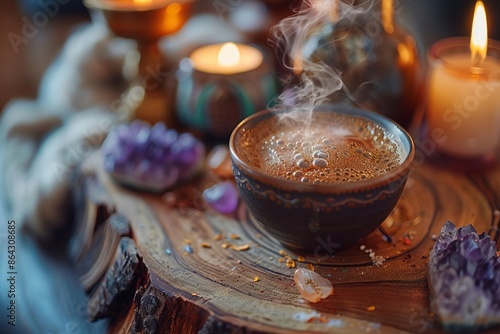 A close-up shot of a steaming cup of ceremonial cacao, placed on a wooden altar adorned with candles and crystals. 