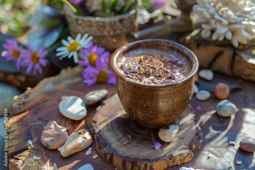An artistic shot of ceremonial cacao in a handmade cup, with natural elements like flowers and stones around it. An artistic shot of ceremonial cacao in a handmade cup, with natural elements like flowers and stones around it.