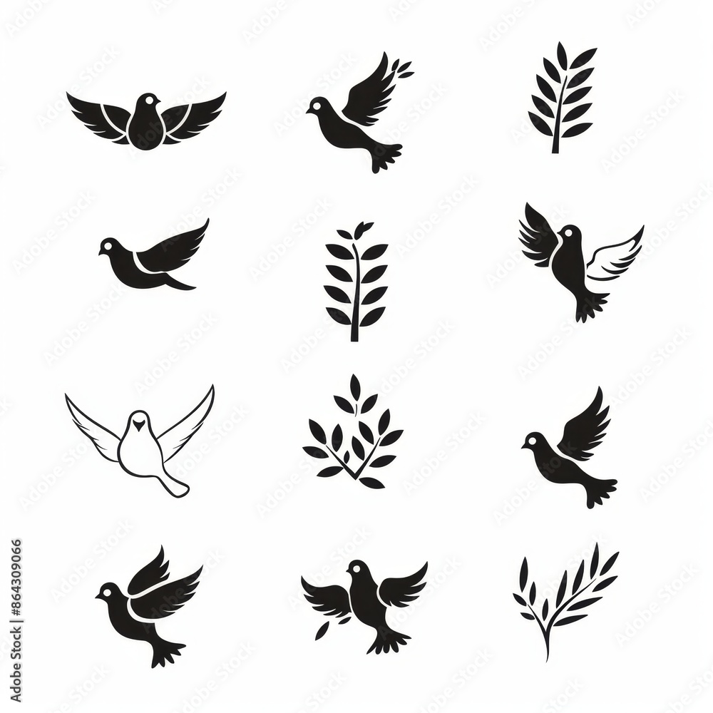 Fototapeta premium Peace dove graffiti, pigeons, twigs ink illustration. Flying birds silhouettes monochrome flat icons