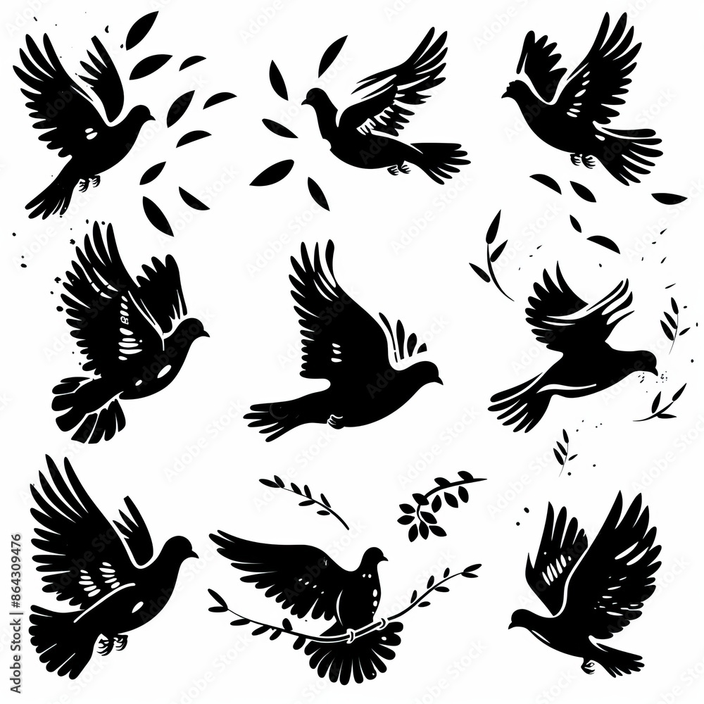 Obraz premium Peace dove graffiti, pigeons, twigs ink illustration. Flying birds silhouettes monochrome flat icons