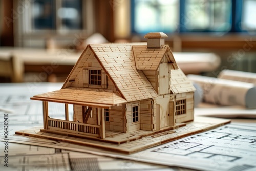 Wooden house model on architect blueprints