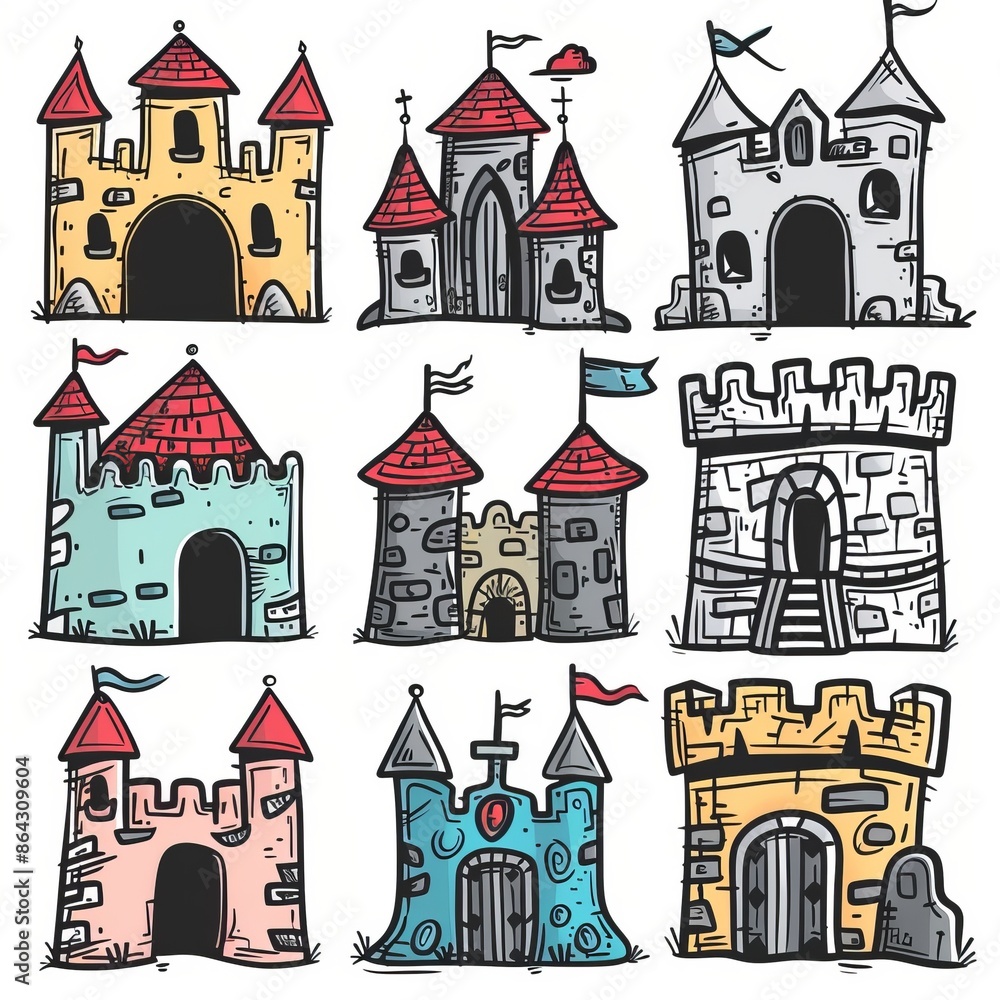 Castle icon, fairy tale forts, old towers, medieval castles, kingdom symbol, king home, fairytale fortress Castle icon, fairy tale forts, old towers, medieval castles, kingdom symbol, king home, fairytale fortress