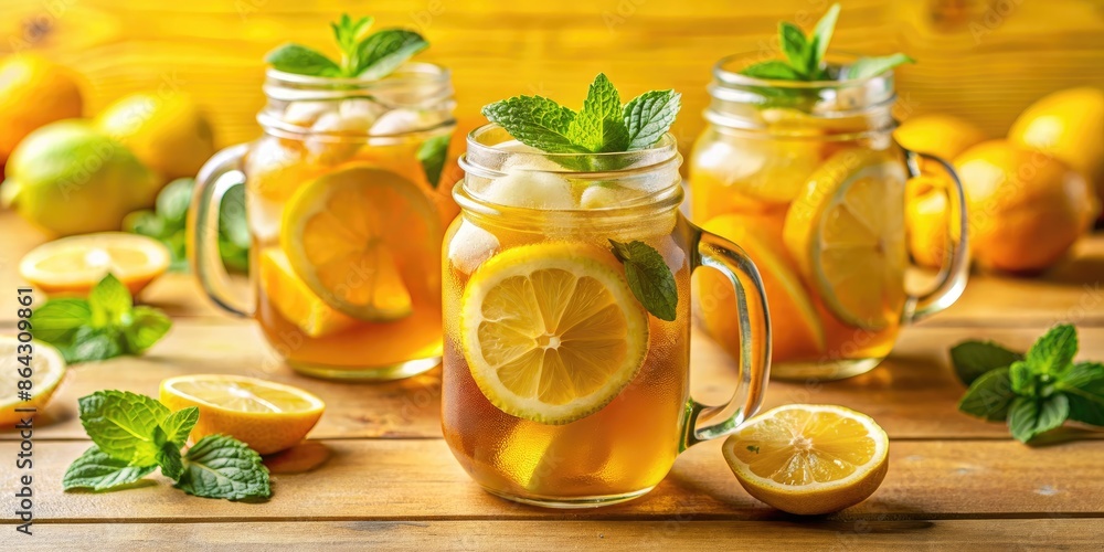 Iced lemon tea in mason jars with mint leaves. Iced lemon tea in mason jars with mint leaves.