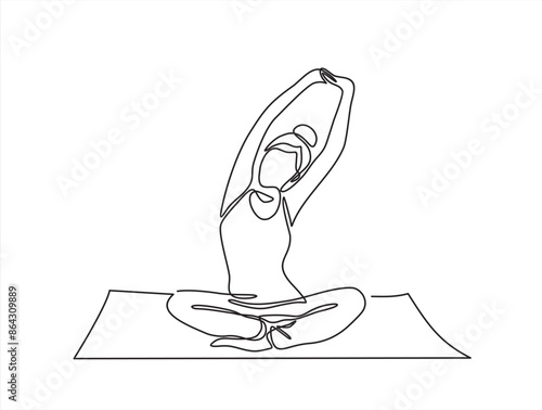 Woman sitting in lotus pose yoga. Continuous one line drawing. Vector illustration