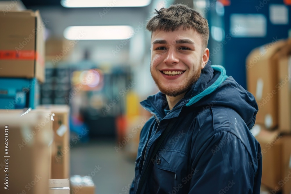 Smiling young postman sorting packages in post station Smiling young postman sorting packages in post station