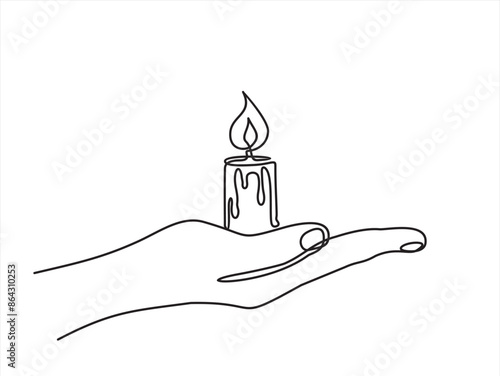 Continuous line drawn human hand hold candle flame. Memorial linear symbol. Vector illustration isolated on white.