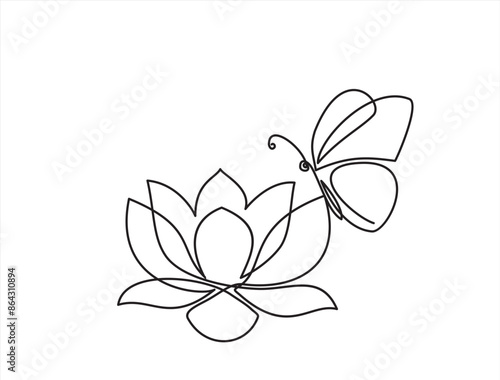 Lotus flower and butterfly isolated on white background. Continuous line drawing	