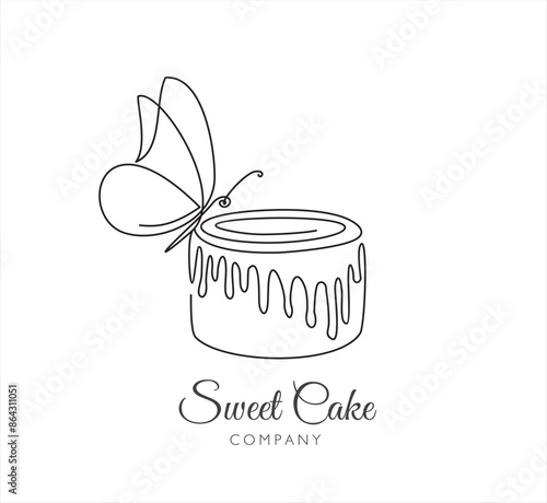 continuous one line drawing of Cake with butterfly isolated on white background for logo or decorative element. Vector illustration of sweet dessert form in trendy outline style.