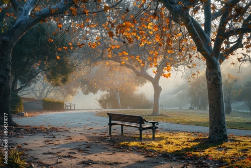 Empty Benches on a Misty Morning Path in a Park