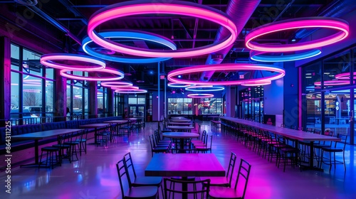 Common area with interactive art pieces, dynamic lighting, and unconventional seating arrangements