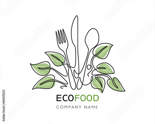 Logo design organic food. Continuous one line drawing of fork, knife, spoon and leafs design icon vector illustration	