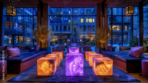 Common area with interactive art pieces, dynamic lighting, and unconventional seating arrangements