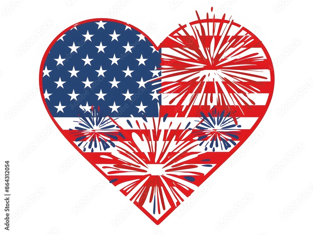 Obraz premium American Flag in Heart Shape with Fireworks for Sticker and Shirt Design