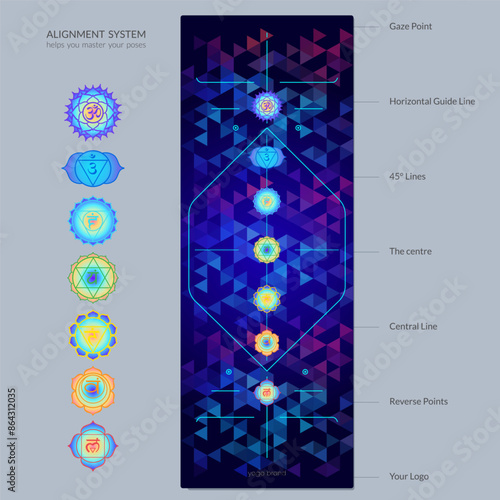 Alignment Yoga Mat design template. Vector illustration. Ready to print modern style. Perfect support in any asana, for the most demanding yogis with beautiful sybol in the center pointinspired by