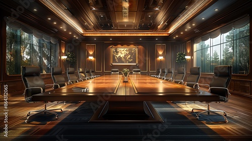 Corporate boardroom featuring Renaissancestyle paintings and modern accents