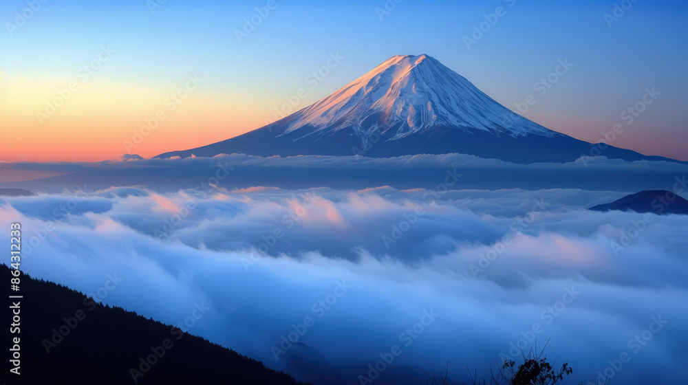 Mount Fuji sits majestically under a sunrise sky, its peak dusted with snow, while rolling clouds float below, creating a serene and breathtaking scene. Mount Fuji sits majestically under a sunrise sky, its peak dusted with snow, while rolling clouds float below, creating a serene and breathtaking scene.