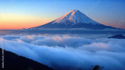 Mount Fuji sits majestically under a sunrise sky, its peak dusted with snow, while rolling clouds float below, creating a serene and breathtaking scene.