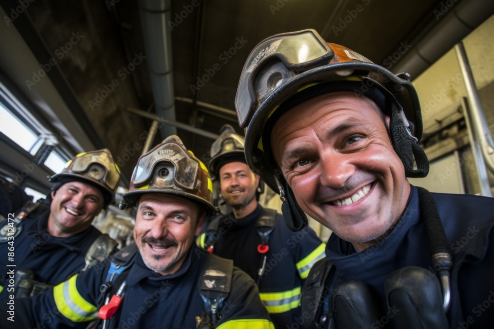 Smiling firefighters taking a selfie in fire station Smiling firefighters taking a selfie in fire station