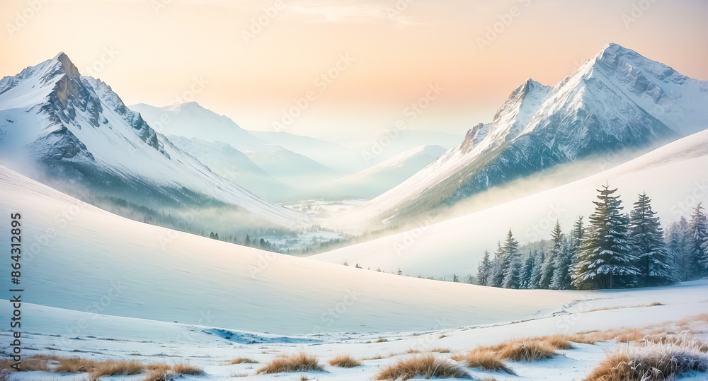 Snowy Mountain Range with Pine Trees and Fog Snowy Mountain Range with Pine Trees and Fog