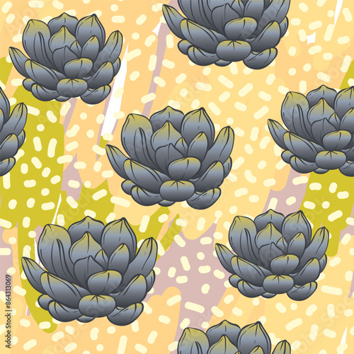 Seamless abstract geometric pattern with green succulents. Retro 1980s, 1990s...