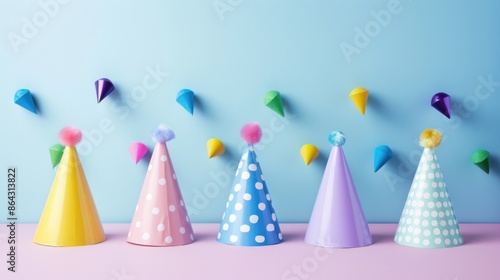 Birthday Hats. Colorful Party Hat Set for Birthday Celebration in Pastel Background © Alona