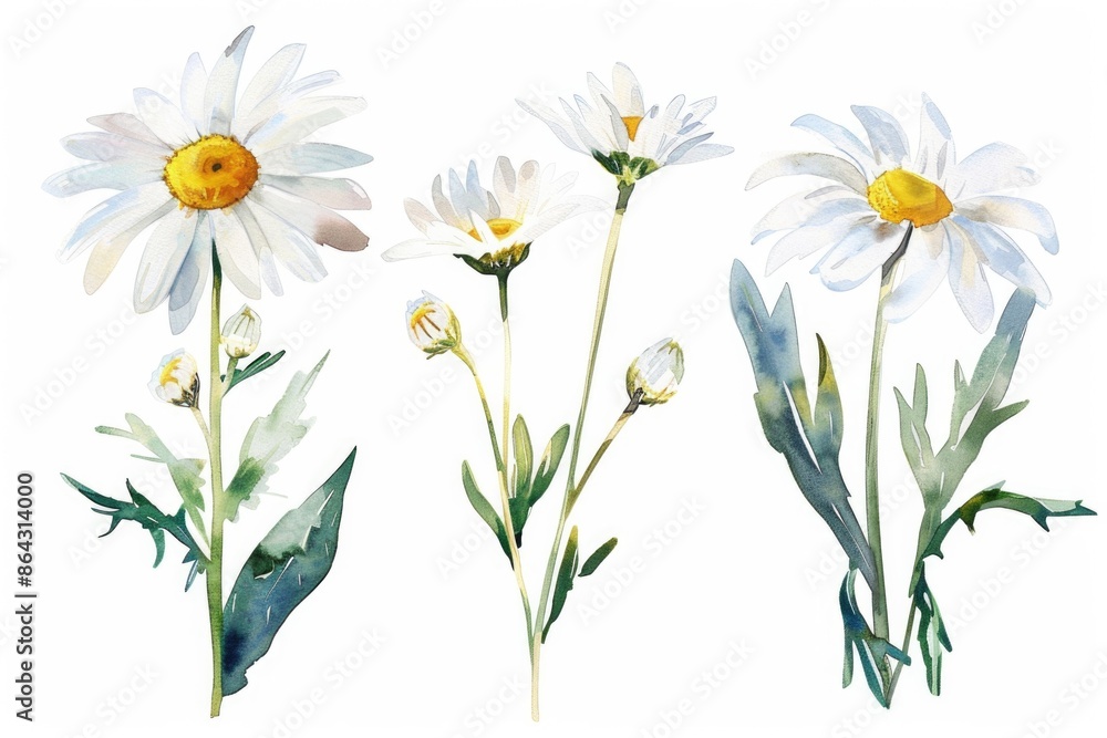 Fototapeta premium Daisy Illustration. Watercolor Set of White and Yellow Meadow Flowers in Summer