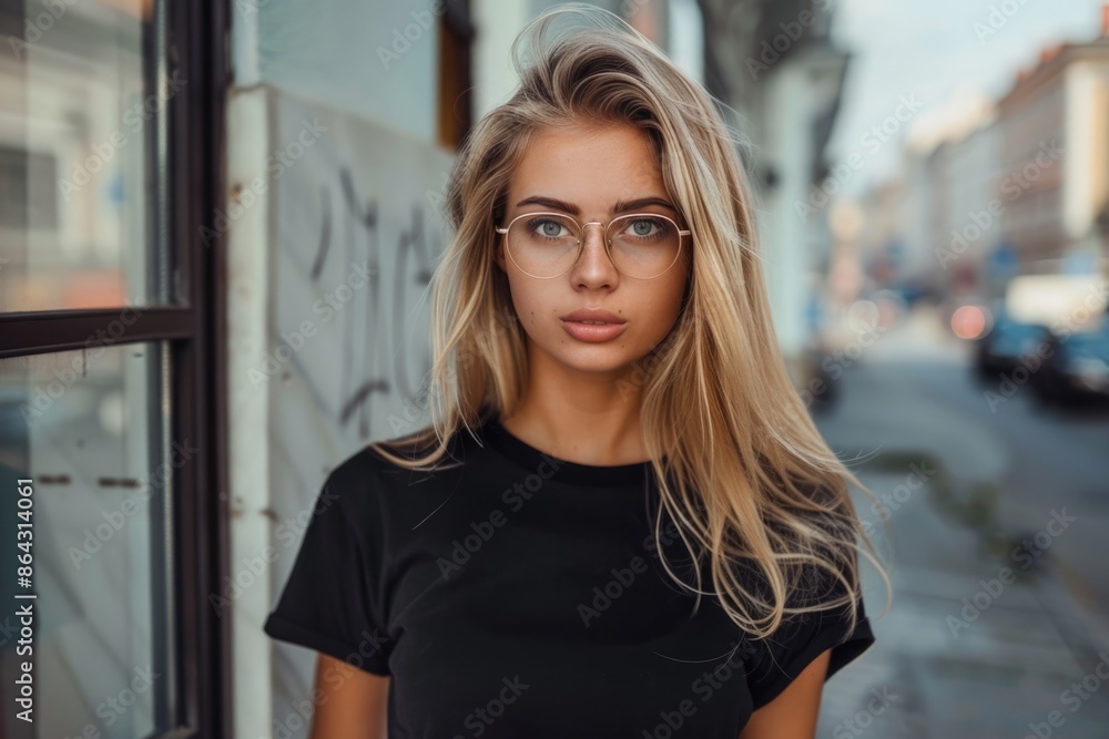 Girl Black T-Shirt. Stylish Blonde Woman in Urban Street Setting, Posing with Sunglasses