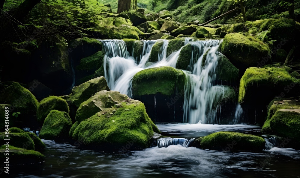Small waterfall with mossy rocks, nature photography, in the style of national geographic, high resolution, high detail, close-up, flowing water on the stones, nature background, forest environment. Small waterfall with mossy rocks, nature photography, in the style of national geographic, high resolution, high detail, close-up, flowing water on the stones, nature background, forest environment.