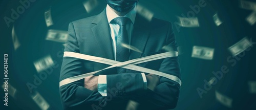 Businessperson tied to money, financial pressure, economic strain