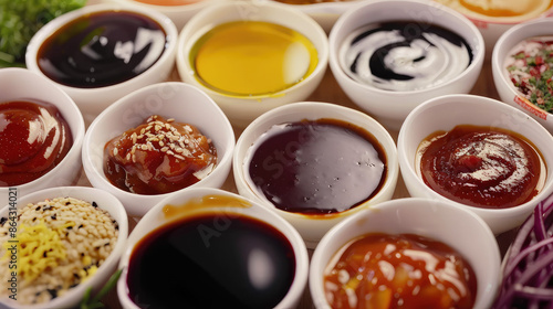 Various sauces and condiments are presented in small white bowls, showcasing different textures and colors, including soy sauce, ketchup, sesame seeds, and more.