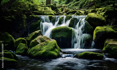 Small waterfall with mossy rocks, nature photography, in the style of national geographic, high resolution, high detail, close-up, flowing water on the stones, nature background, forest environment.