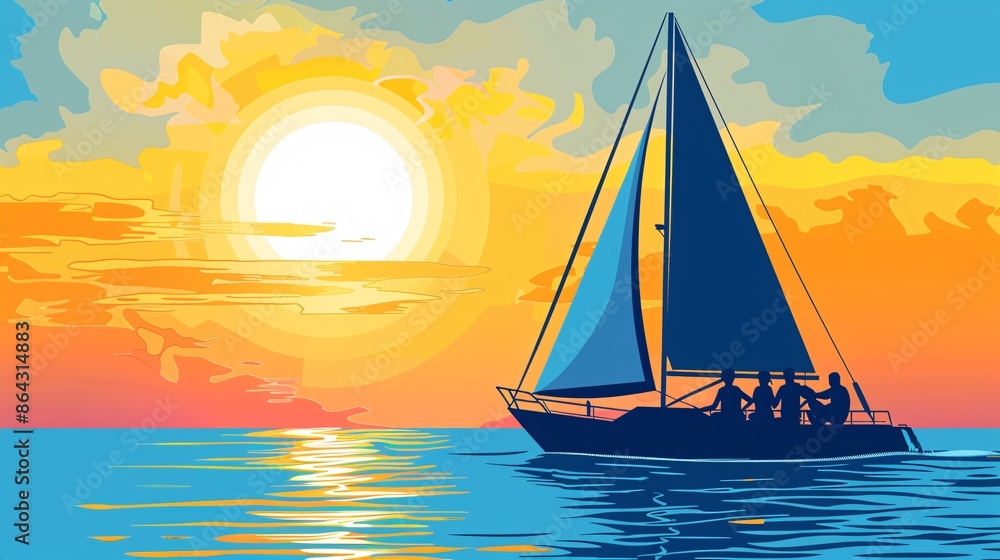 Naklejka premium Vector graphic of a group of friends enjoying a sunset cruise on a yacht