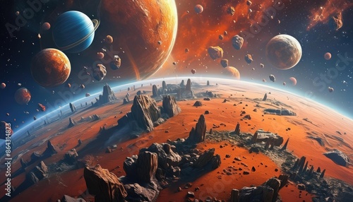 Mars planet, terraforming, Set up a human colony on the planet Mars, destroyed Earth Asteroids attraction; the surface of the planet Mars	 photo