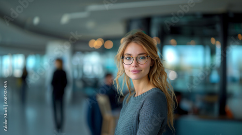 A young business woman wearing glasses with a confident look, in an office.