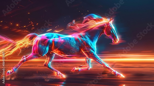 Wallpaper Mural A vibrant neon digital artwork depicts a galloping horse with bright, colorful lights against a dark background, exuding energy and motion. Torontodigital.ca