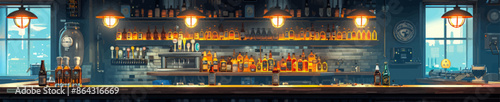 Inviting bar interior featuring shelves lined with bottles, multiple beer taps, and warm lighting creating a cozy atmosphere. Generative ai vector illustration. 