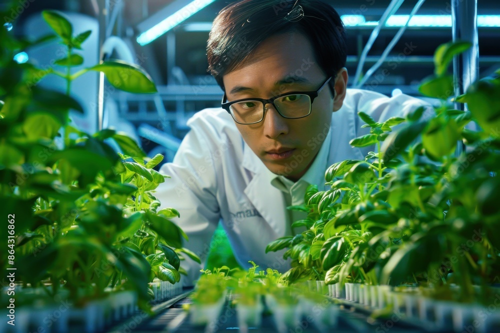 33. Portrait of an Asian agricultural scientist analyzing organic produce in a lab, high detail, photorealistic, professional setting, studio lighting 33. Portrait of an Asian agricultural scientist analyzing organic produce in a lab, high detail, photorealistic, professional setting, studio lighting
